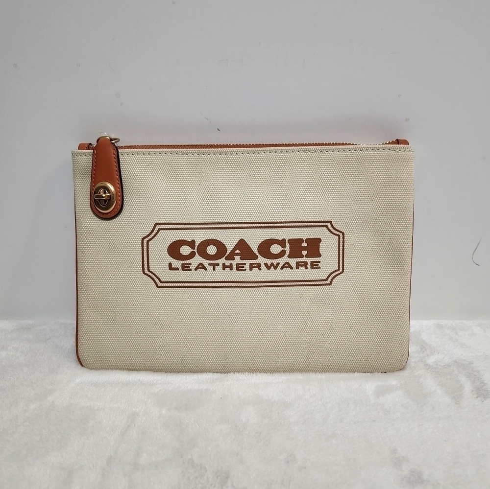 Coach Leatherware Logo Cream Canvas Tan Leather Trim Turnlock Pouch NWT
